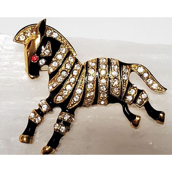 VTG Brooch Zebra Prancing Rhinestones Black Enamel/ Gold/Ruby Eye Stamped 11089 - Picture 4 of 12
